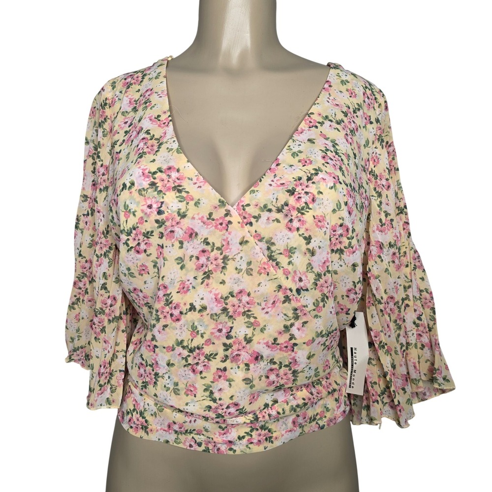 Haute Monde Top Womens L Yellow Floral Pleated Bell Sleeve Open Back Tie Hem NEW